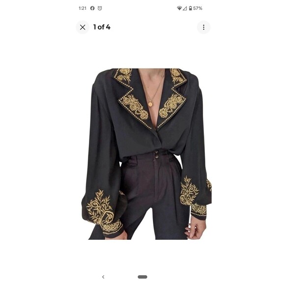 NWT Vtg DVF 100% Silk Blouse Sz L Ivory Gold Floral Embroidery Luxury Designer - Picture 3 of 15